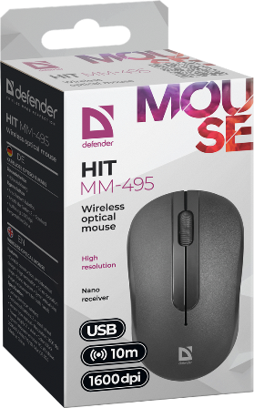 Мышь Defender Hit MM-495, USB, 1600 dpi, Wireless, Черный, (Батарейки ААА не в комплекте!!!)