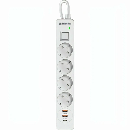 Сетевой фильтр Defender DFS-141, 1.5м, 4 розетки, 2xUSB, 1хType-C,16A