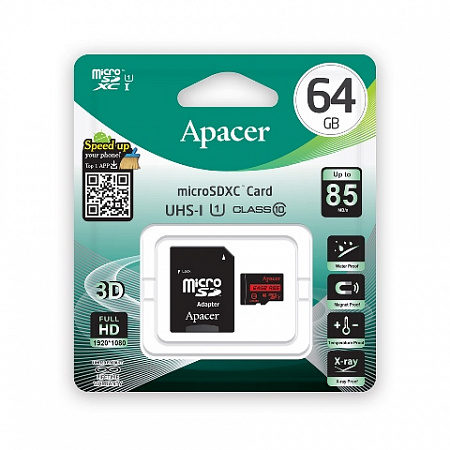 Карта памяти micro SD 64Gb Apacer AP64GMCSX10U5-R Class 10+adapter