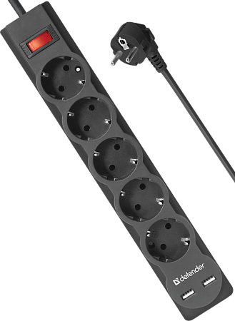 Сетевой фильтр Defender DFS-753, 5 розеток, 3м, зарядка 2хUSB 2,1А, черный Сетевой фильтр Defender DFS-753, 5 розеток, 3м, зарядка 2хUSB 2,1А, черный