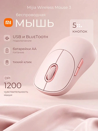 Мышь Xiaomi Wireless Mouse 3 Pink GL, XMWXSB03YM/BHR8911GL, Беспроводная, USB, розовая Мышь Xiaomi Wireless Mouse 3 Pink GL, XMWXSB03YM/BHR8911GL, Беспроводная, USB, розовая